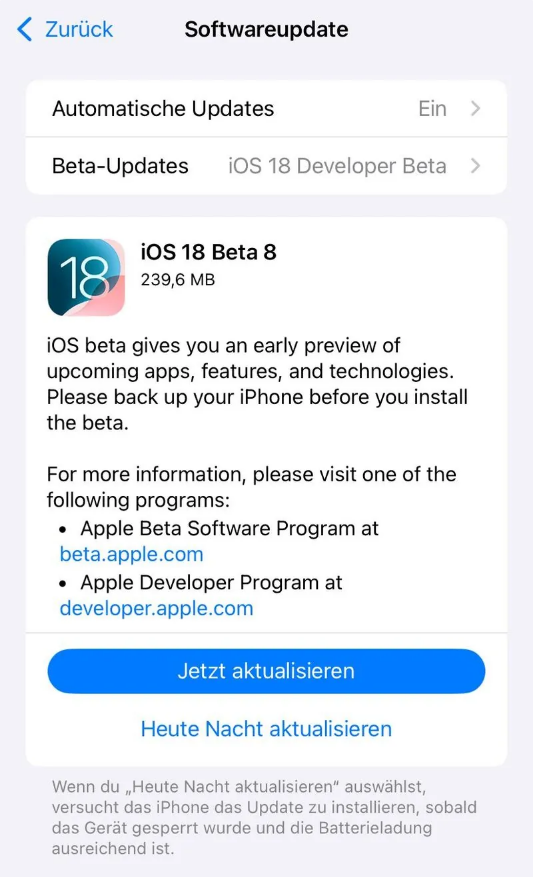 揭西苹果手机维修分享苹果 iOS / iPadOS 18 开发者预览版 Beta 8 发布 